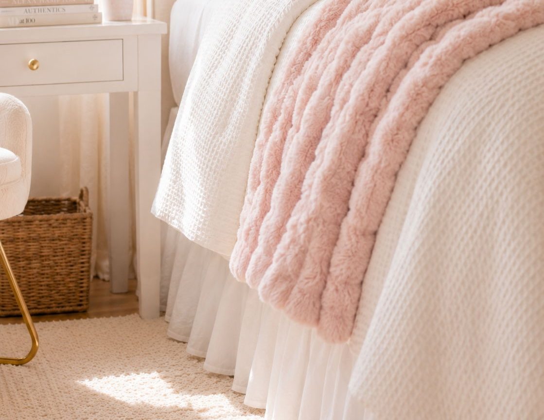 Close-up of a full/queen comforter draping over a Twin XL dorm bed in a pink and white Blush Bow room.
