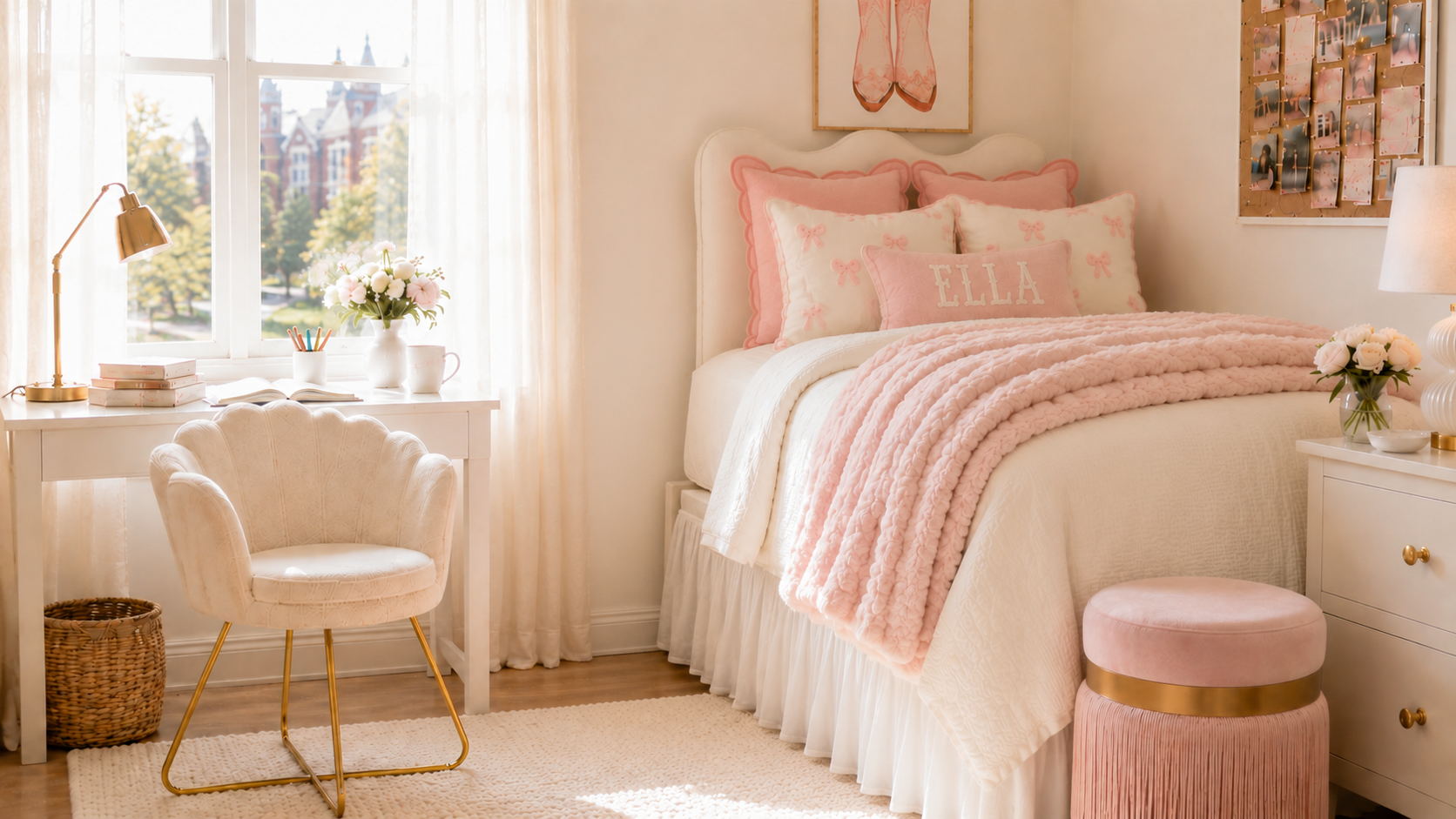 Blush Bow inspired dorm room with a Twin XL bed styled with a full/queen comforter, pink accents, and soft morning light.