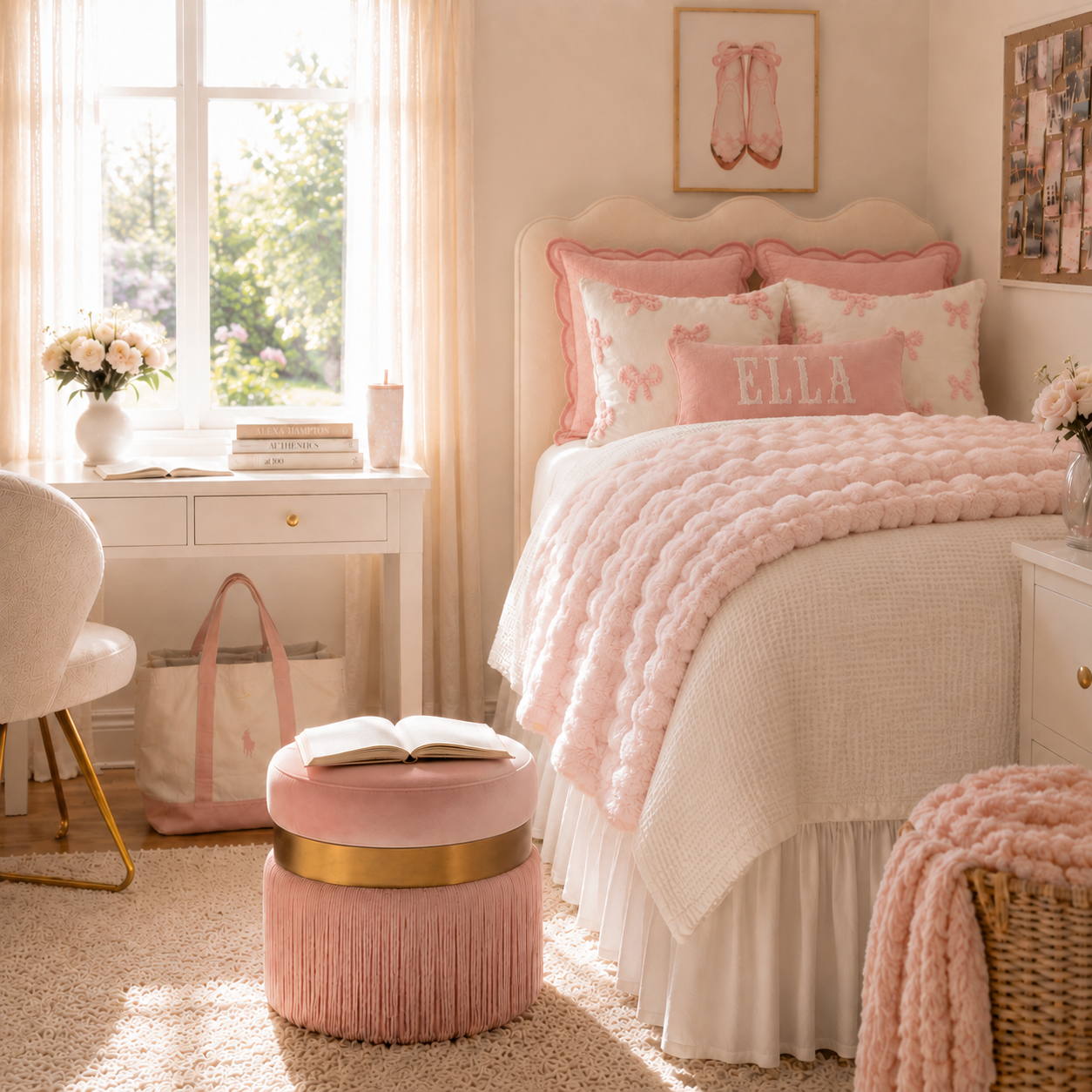 Soft pink and white dorm room showing a full/queen comforter styled on a Twin XL bed with a pink ottoman and layered bedding.