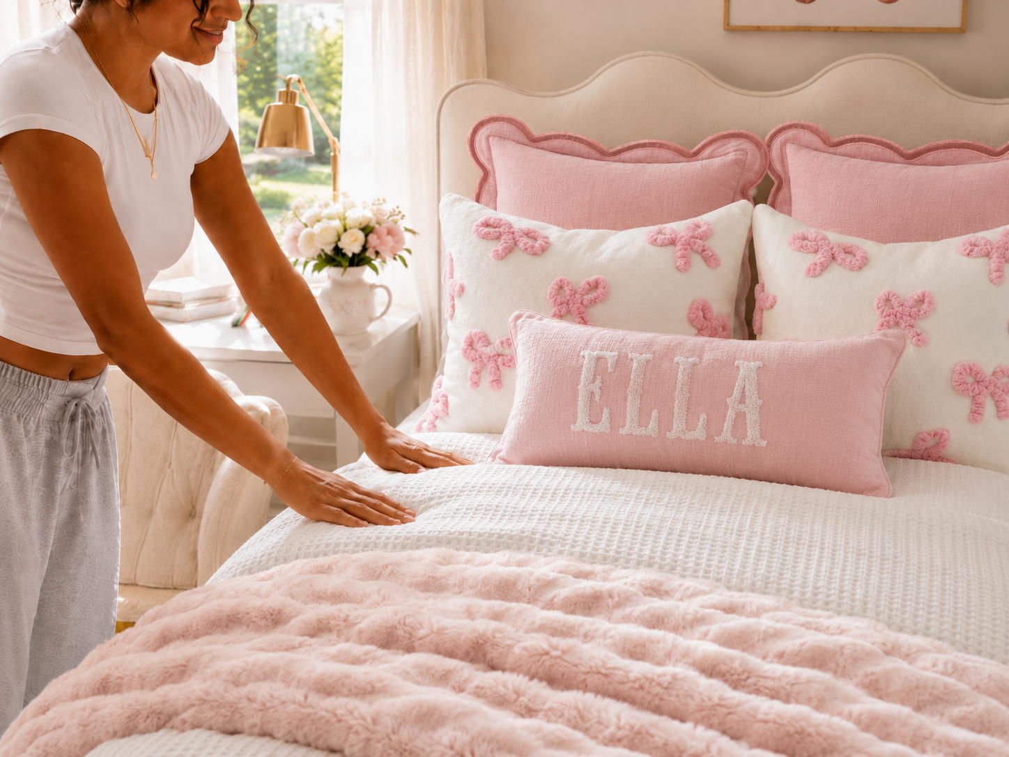 College student smoothing pink and white bedding on a Twin XL dorm bed styled with a full/queen comforter.