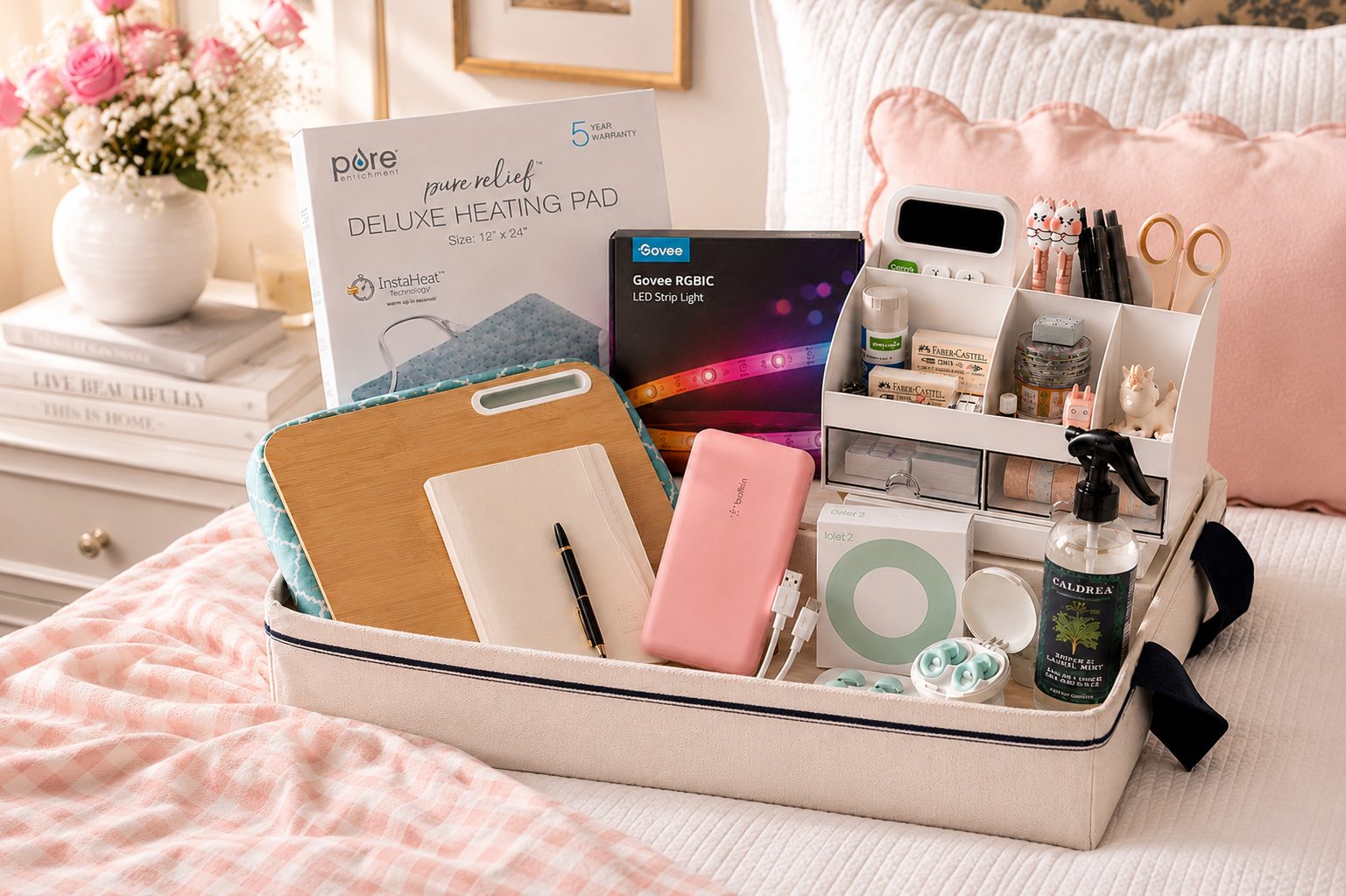 Soft pink dorm bedding with curated care package and fresh flowers