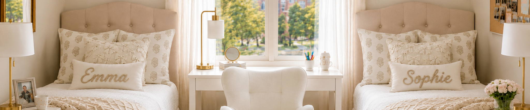 Beautifully designed dorm room with matching beds, Emma and Sophie pillows, and brass lamps