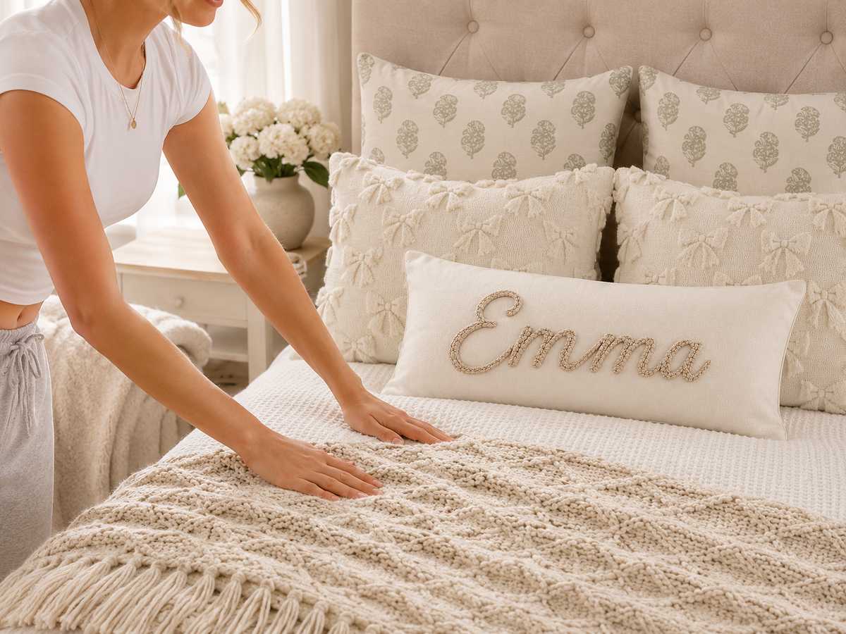 Cozy neutral dorm room with Emma pillow, cream bedding, and natural light