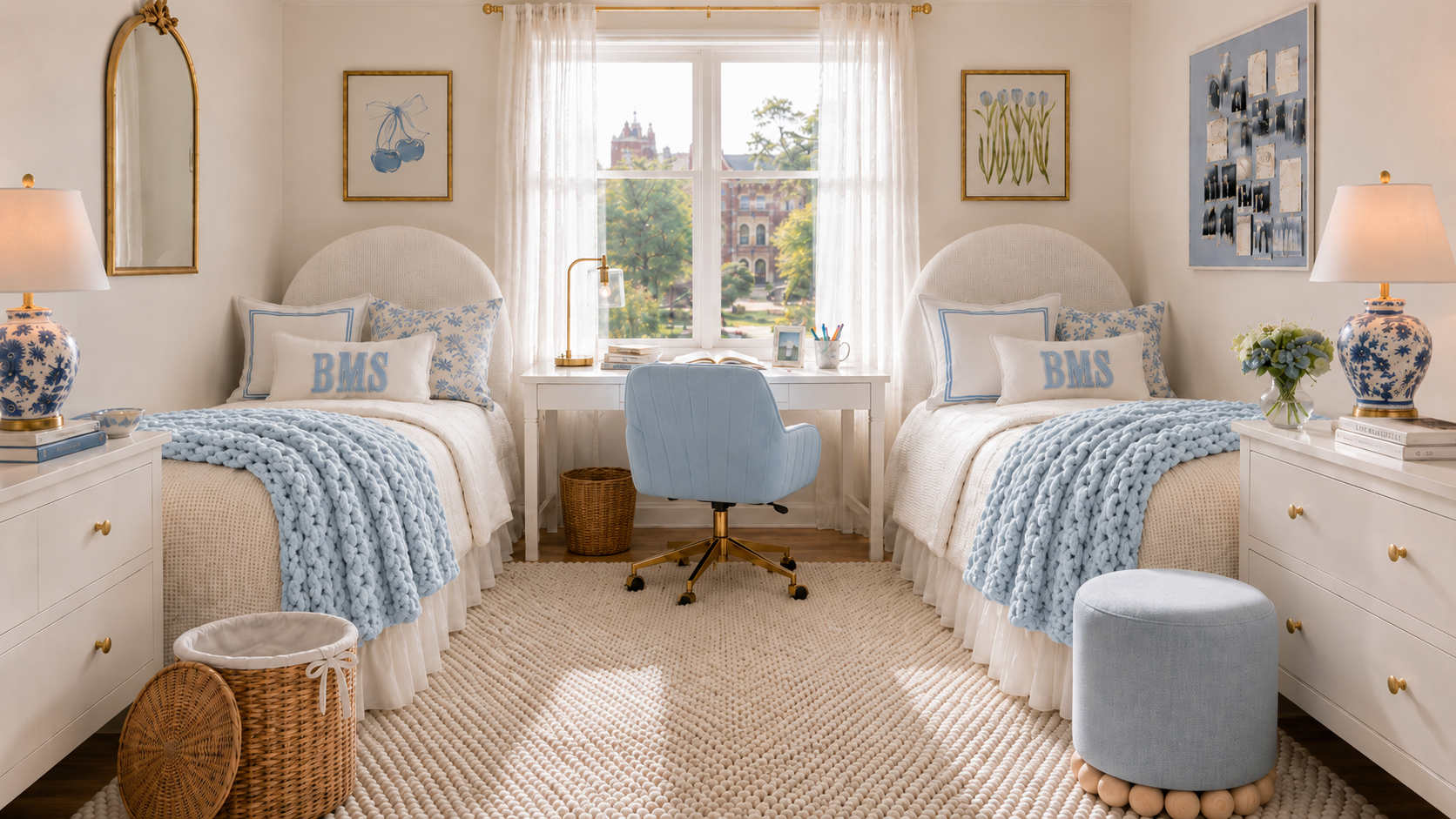 Beautifully designed Bluebell Cottage dorm room with soft blue bedding