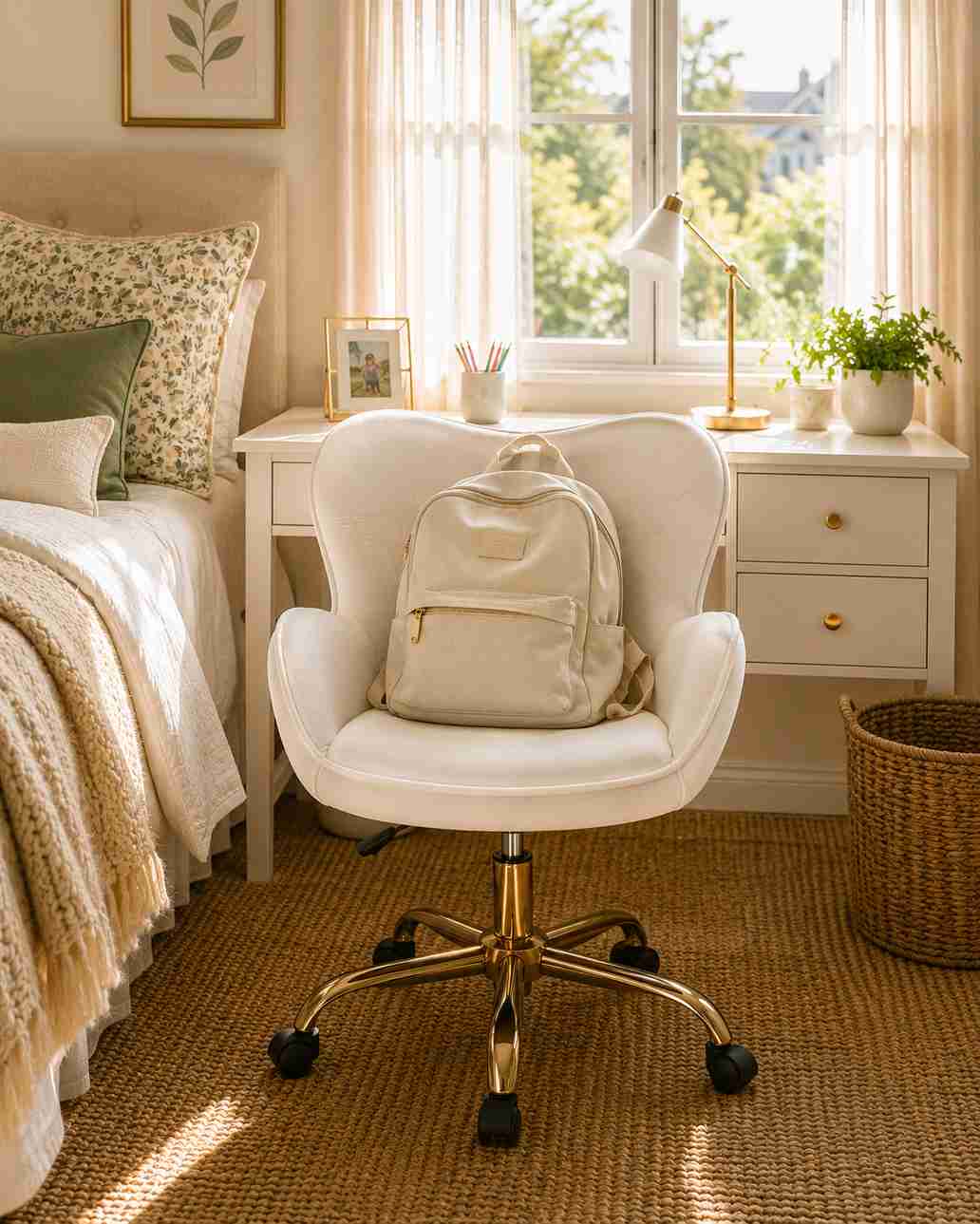 Dorm study area with desk and chair