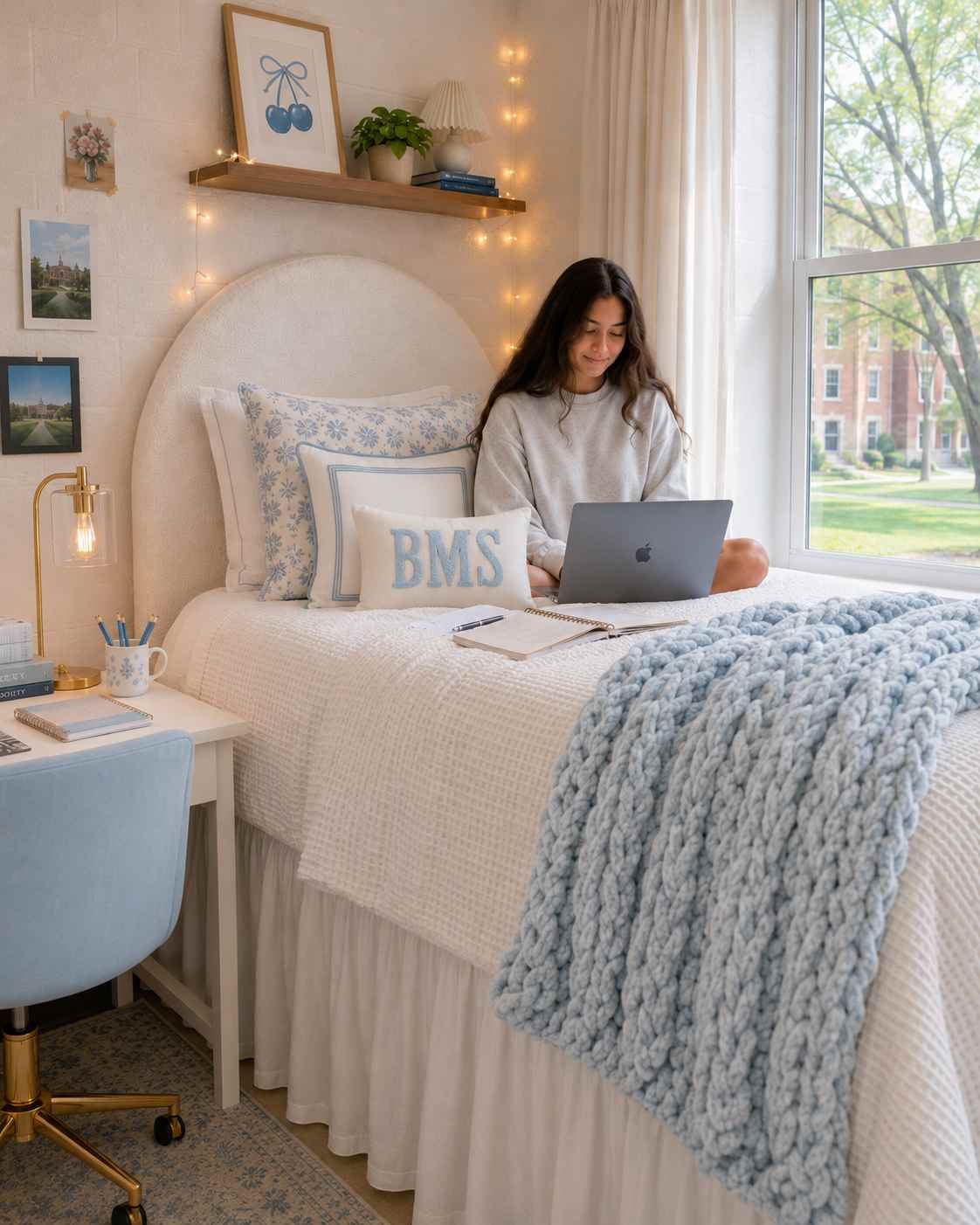 Dorm room with a styled headboard