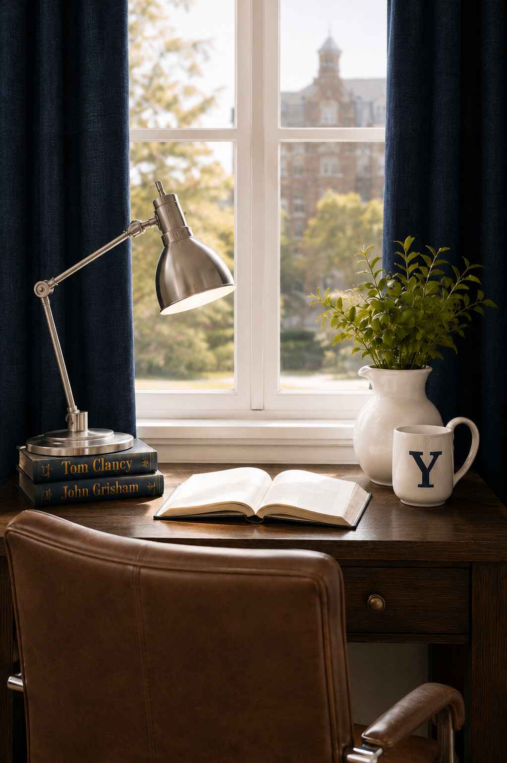 Brass desk lamp with warm lighting on a styled college desk