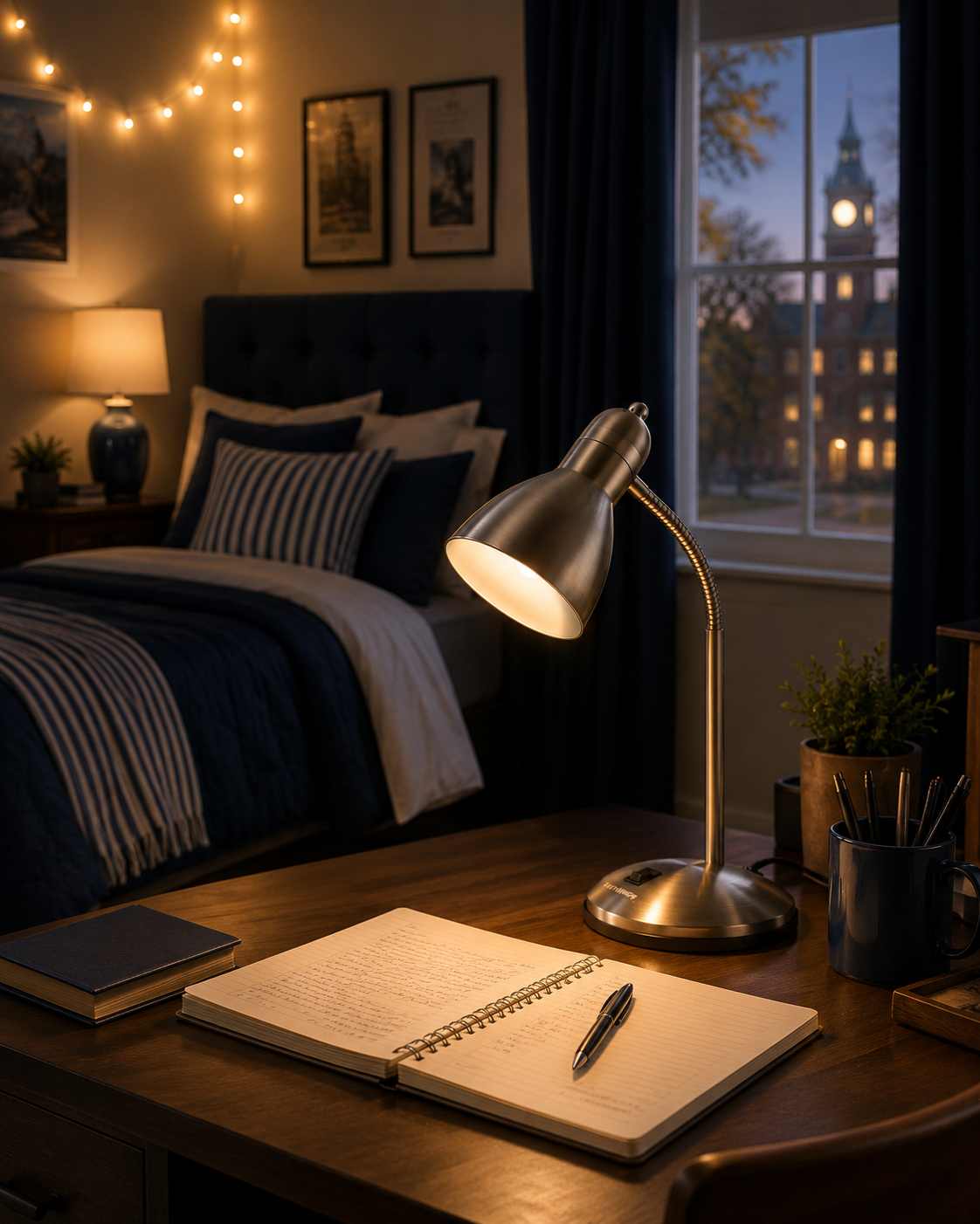 Warm desk lighting in a styled dorm room