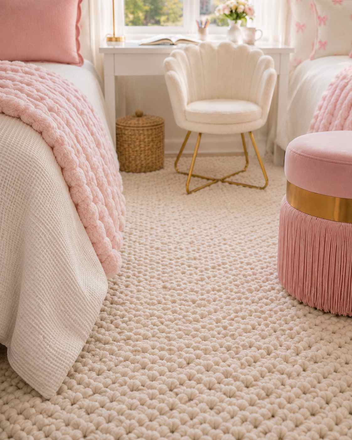Soft dorm rug beside a Twin XL bed