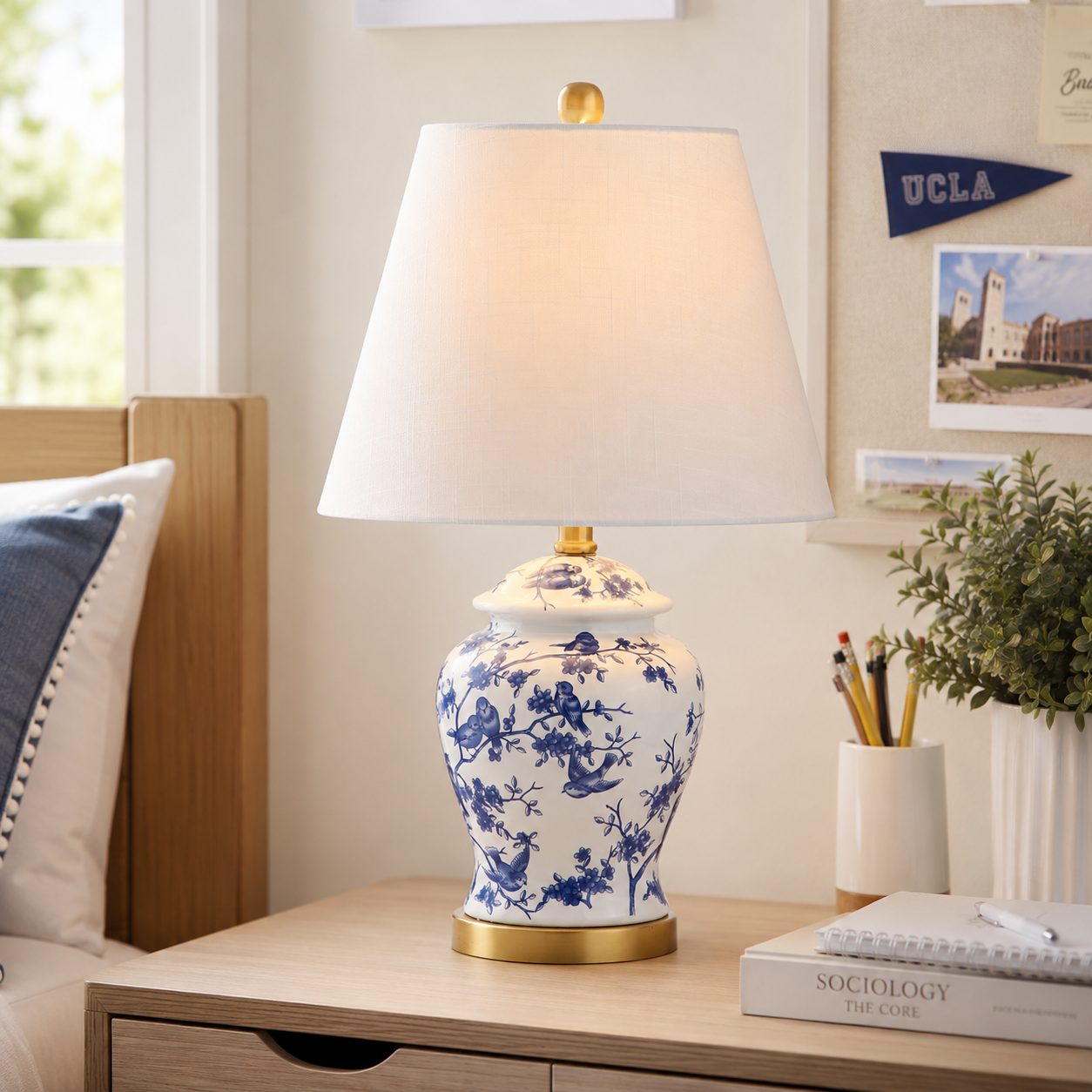 White Table Lamp with Floral Base