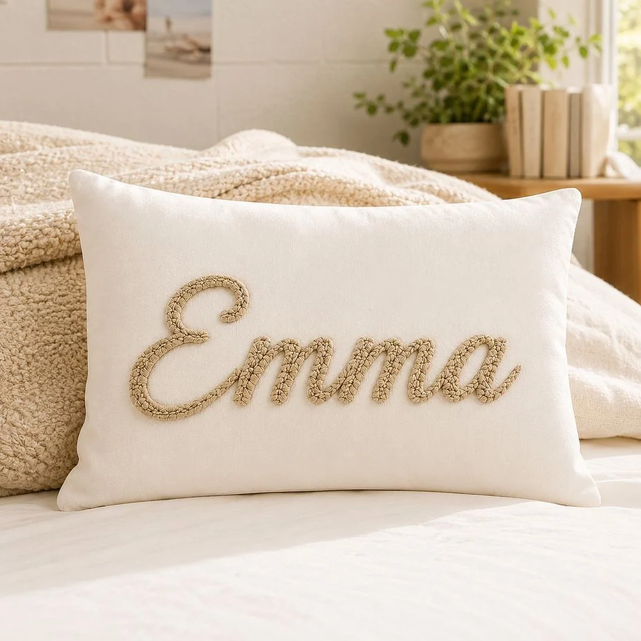 Embroidered Khaki Pillow Cover