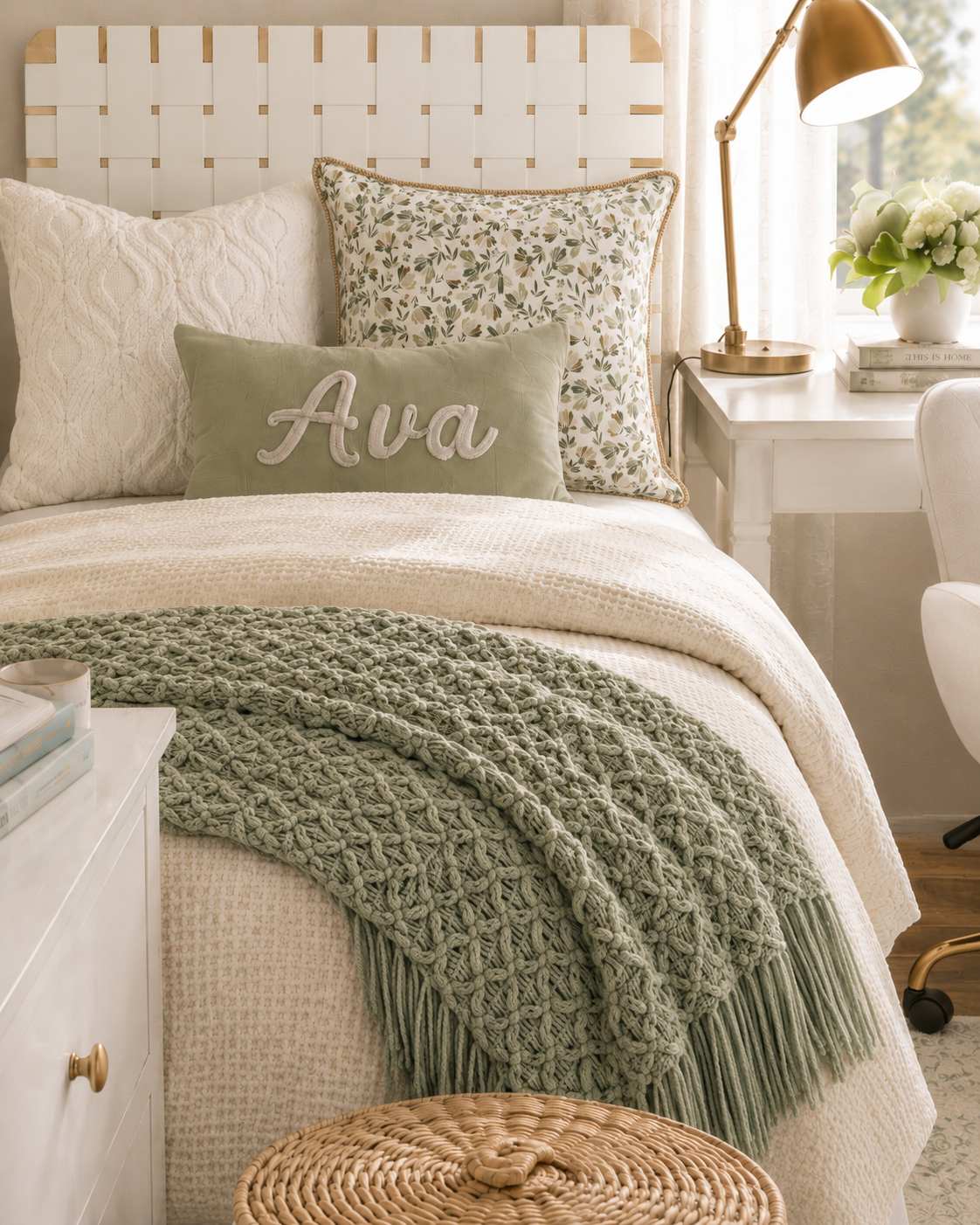 Sage Garden dorm room detail with knit throw