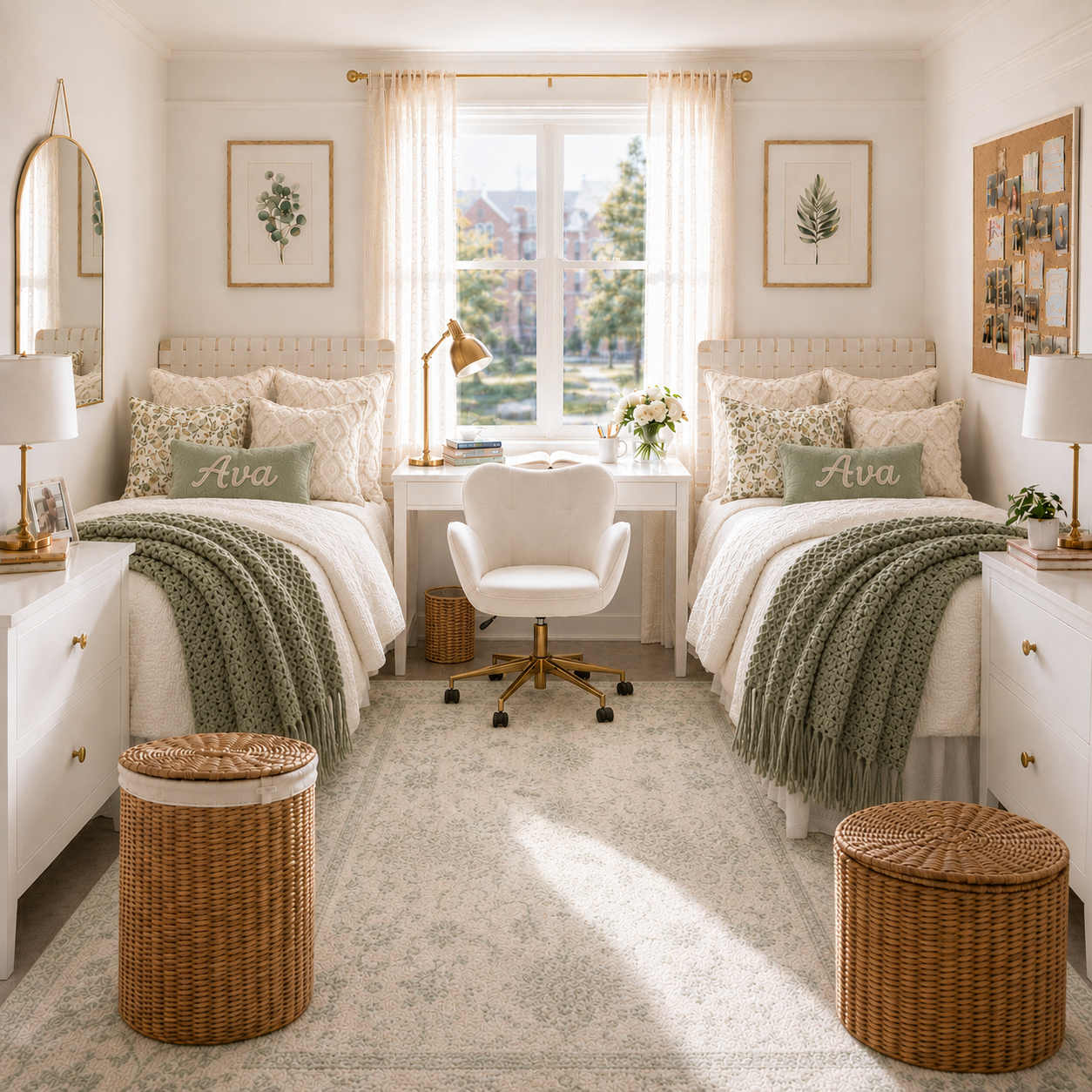 Sage green dorm room with botanical bedding and brass accents