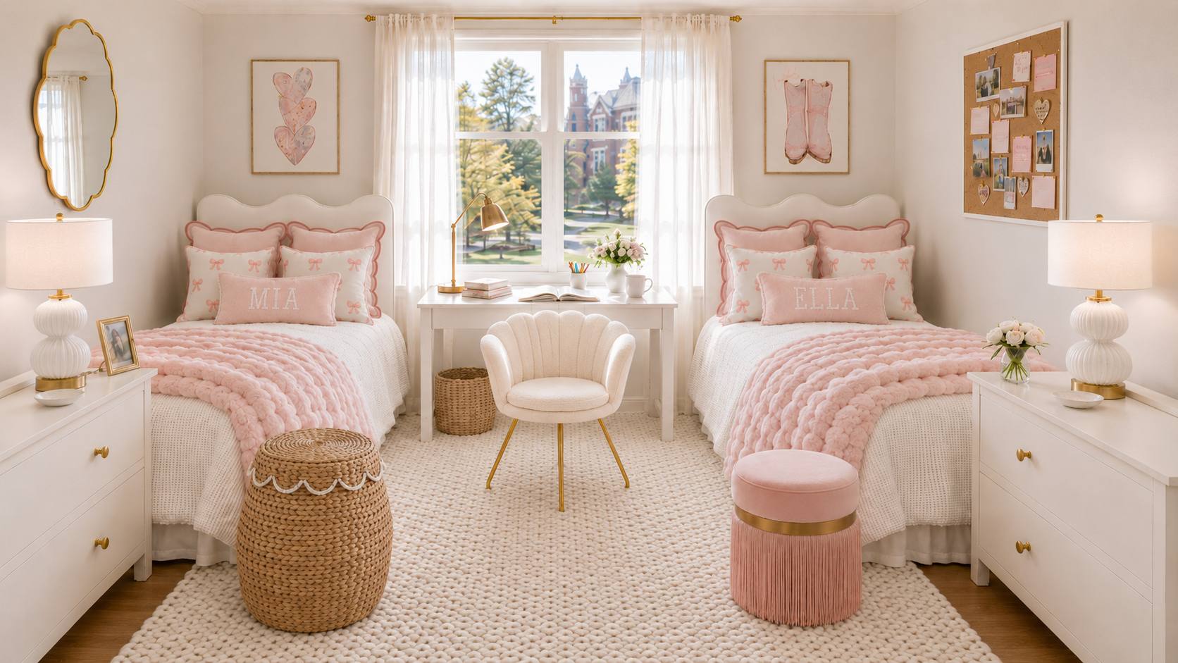 Blush pink dorm room with gold accents and cream bedding