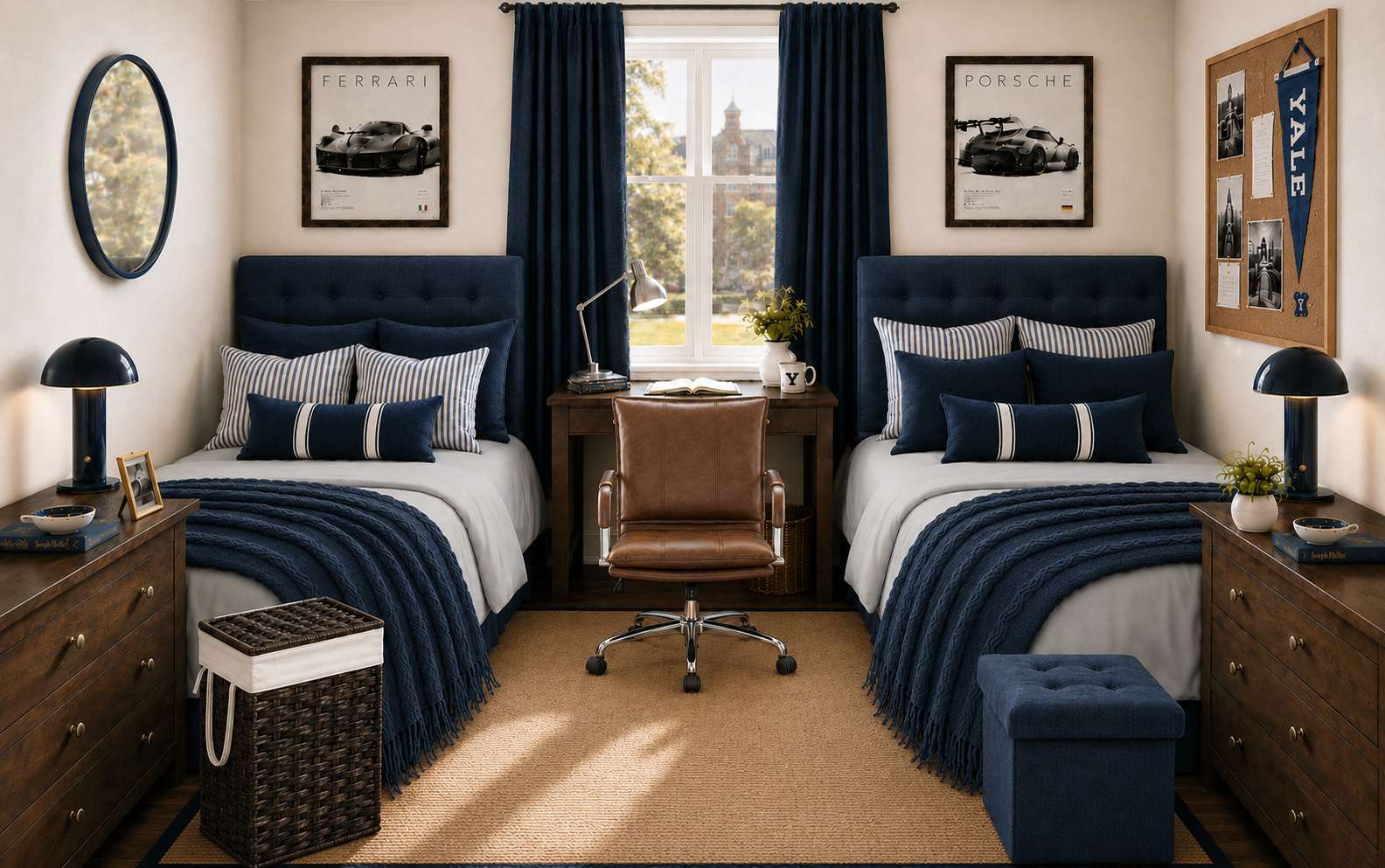 Navy dorm room with brass lighting and warm wood accents