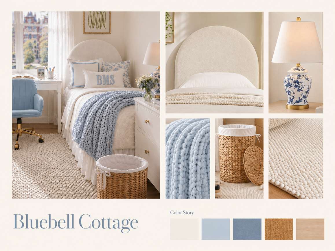 Bluebell Cottage dorm room color palette and coastal-inspired bedding details