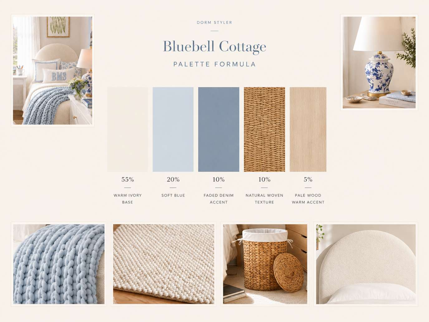 Bluebell Cottage dorm room textures and classic blue-and-white decor accents