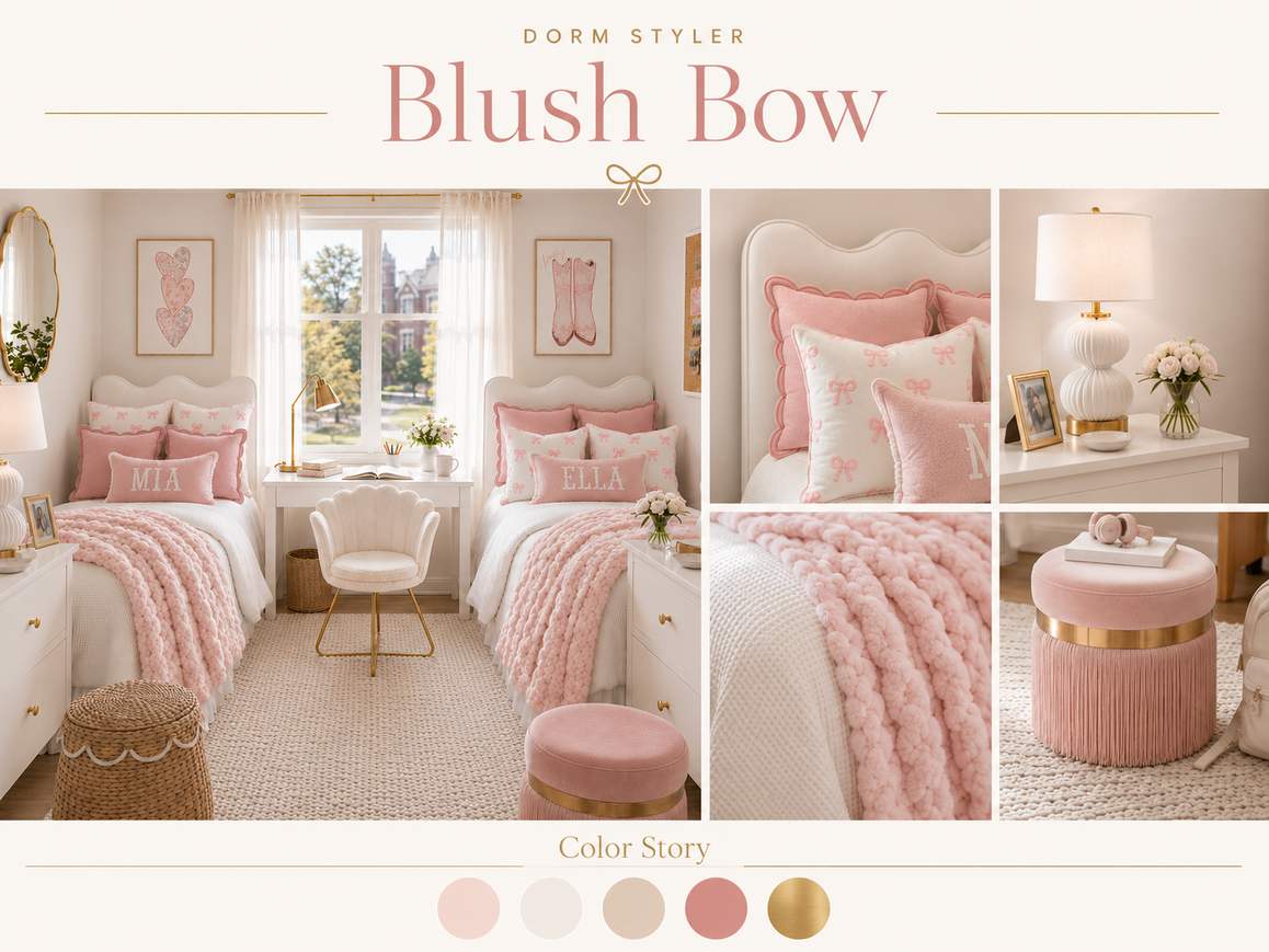 Blush Bow dorm room color palette and romantic pink bedding