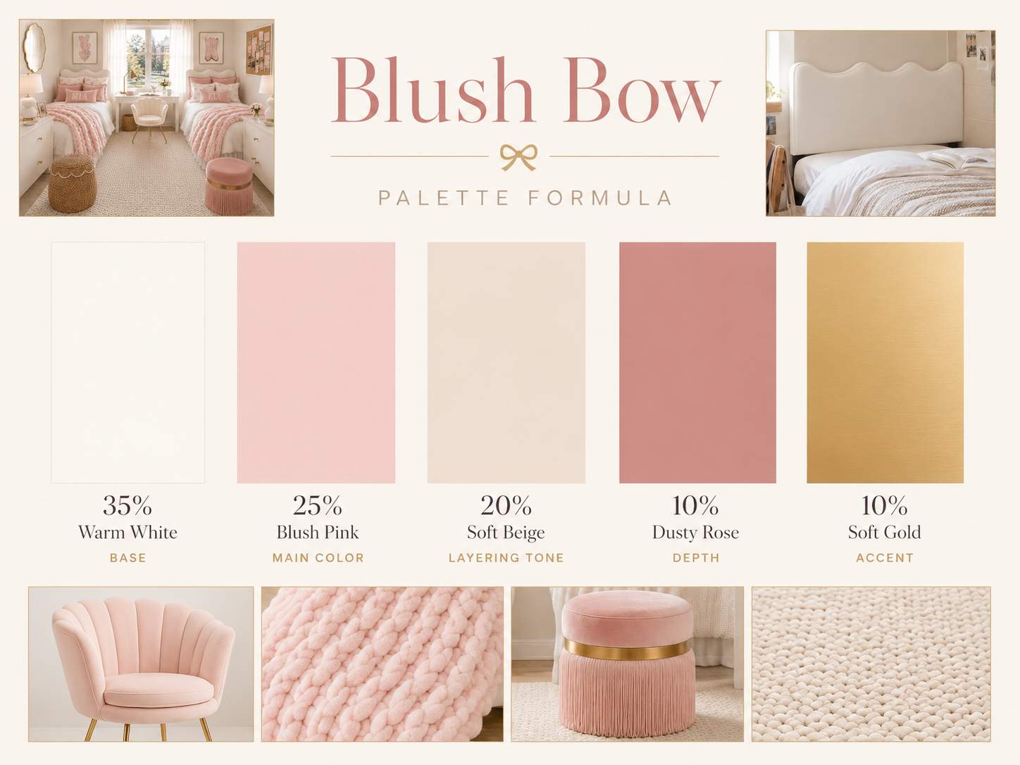 Blush Bow dorm room textures with gold accents and velvet details
