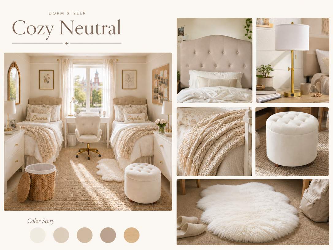 Cozy Neutrals dorm room color palette and warm beige bedding