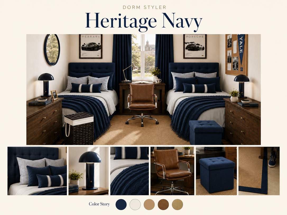 Heritage Navy dorm room color palette with classic navy bedding