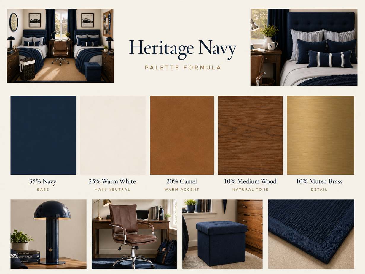 Heritage Navy dorm room textures with brass lighting and leather accents