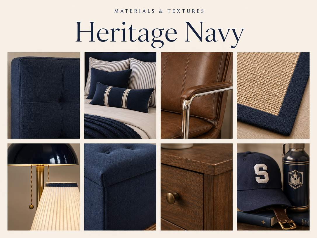 Heritage Navy dorm room materials and preppy decorative finishing touches