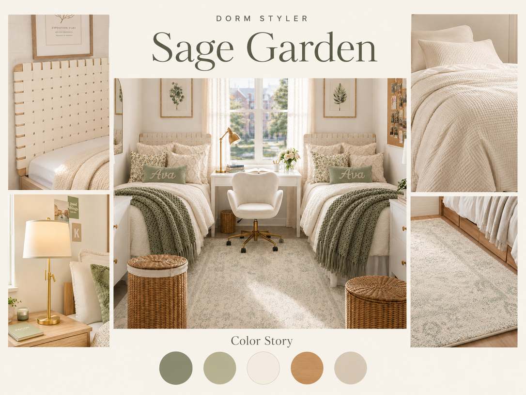 Sage Garden dorm room color palette with botanical green bedding