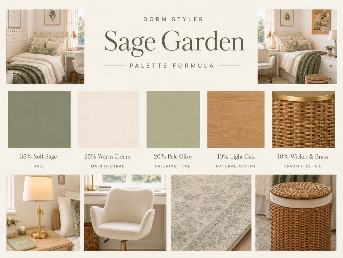 Sage Garden dorm room textures with natural linen and woven details